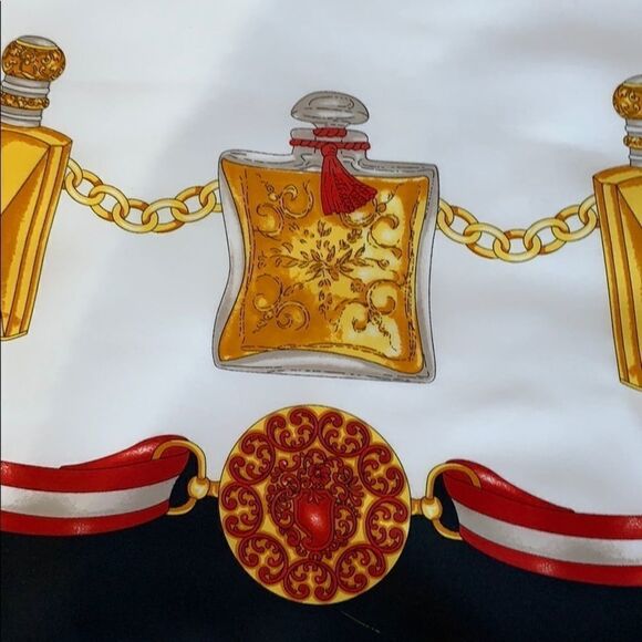 Vtg poly satin scarf w bottles, chains and jewels - Picture 4 of 5